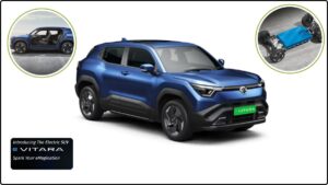 e-Vitara Electric SUV का फ्रंट व्यू – LED हेडलैम्प्स और एरोडायनामिक डिजाइन