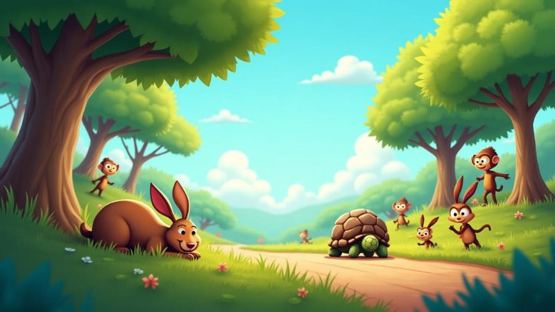The tortoise slowly walking to the finish line and winning the race while the hare loses – famous moral story