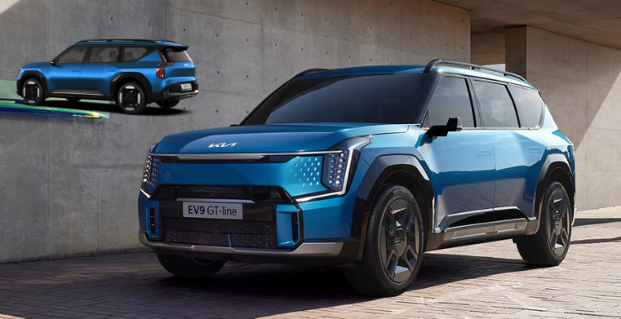 Kia EV9 का एक्सटीरियर – प्रीमियम और फ्यूचरिस्टिक लुक