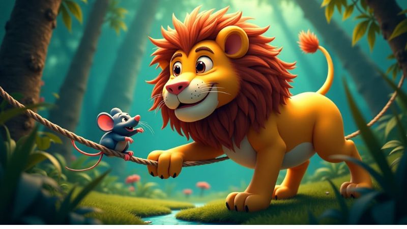 A small mouse freeing a trapped lion from a hunter’s net in the jungle – famous Panchatantra moral story